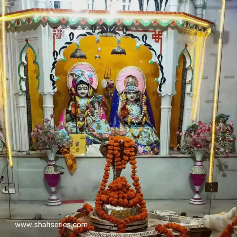 This is an image of a Lord Shiv Parvati Temple. The temple appears to be indoors and is adorned with artwork.