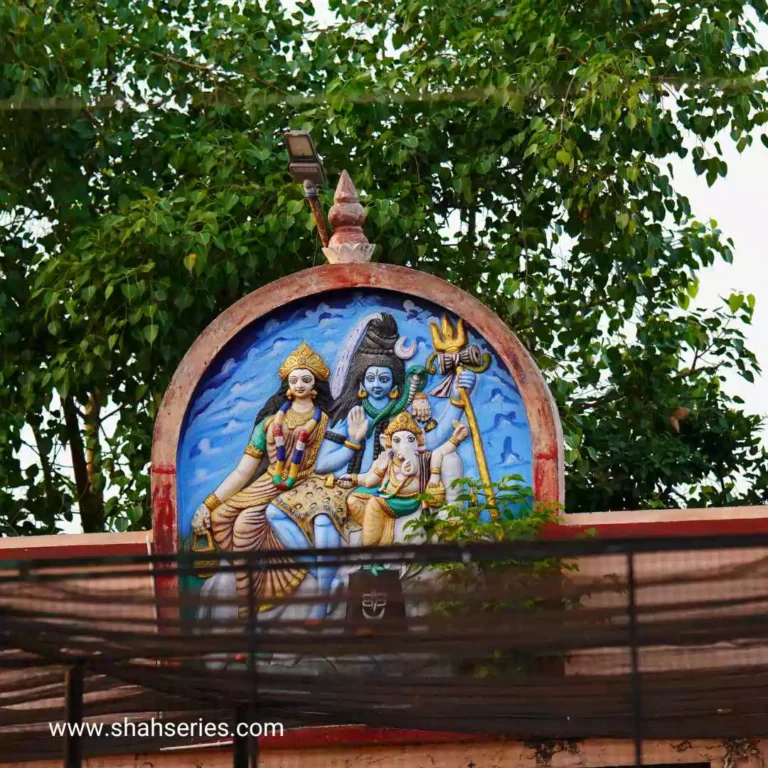 The photo is a painting on a wall. The content is a website link to www.shahseries.com. The tags associated with the image are tree, outdoor, art, building, Shiv Parvati and temple.