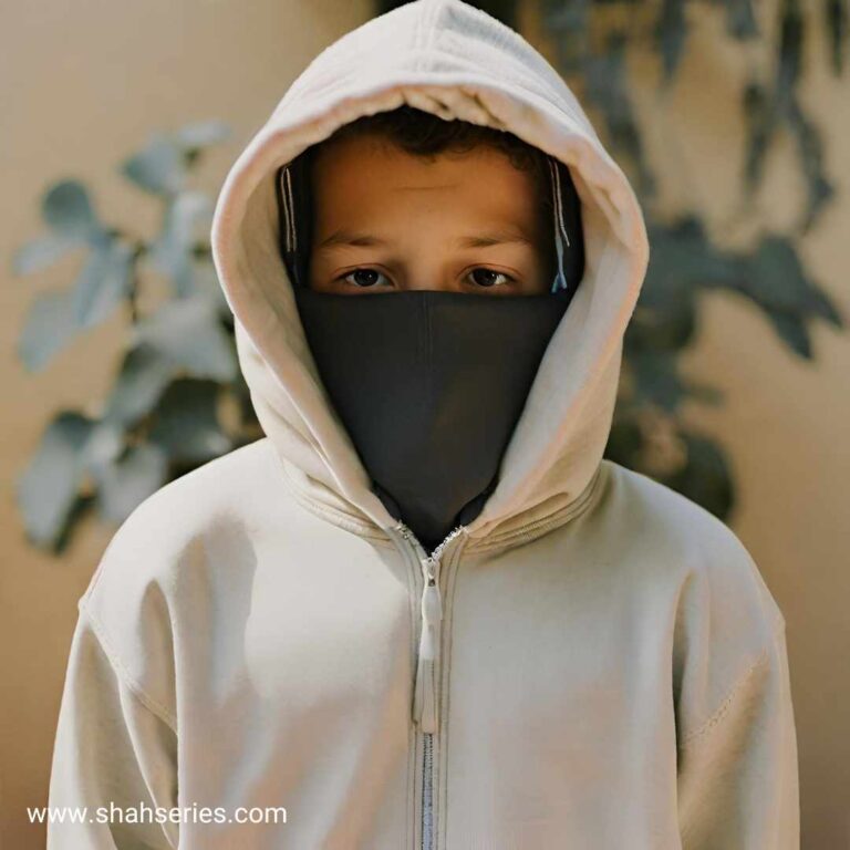 white hoodie with black mask boy
