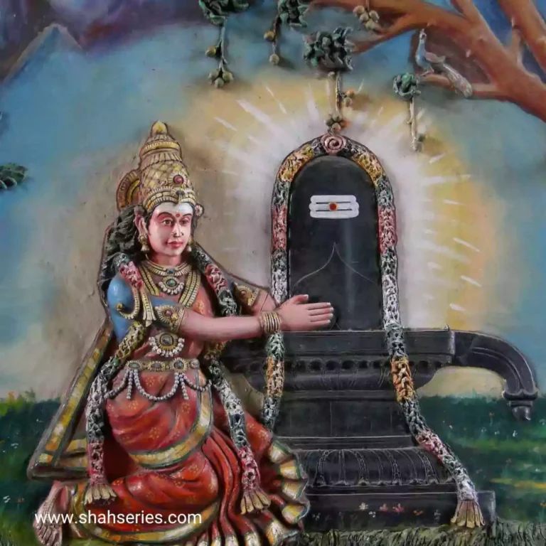 The image is a painting of Lord Shiva. The content of the image can be found at www.shahseries.com. The tags associated with the image include painting, art, temple, clothing, person, and outdoor.